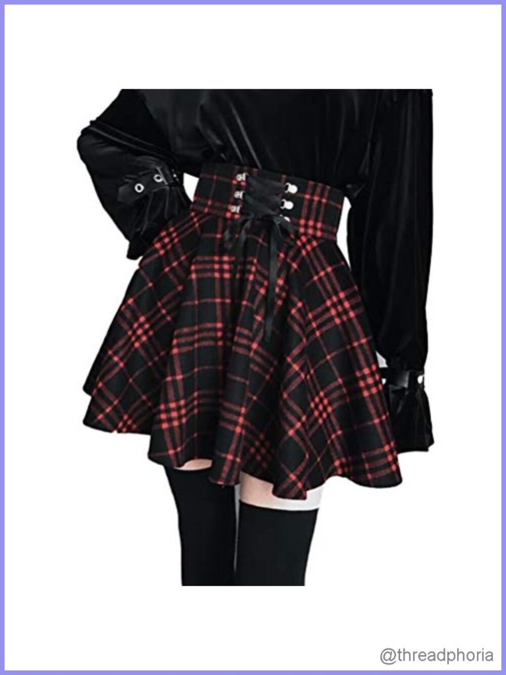 Women's High Waisted Pleated Skirt - Gothic Black Red Plaid A-Line Mini